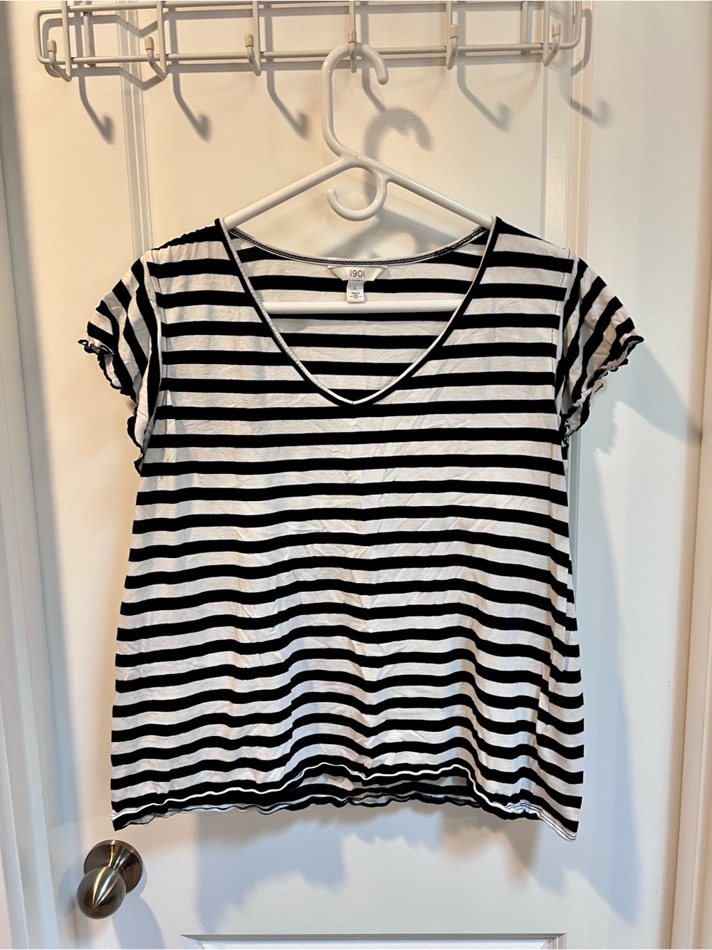 Nordstrom 1901 Black and White Striped V-Neck Short Sleeve Tee